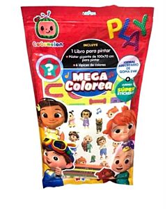 COCOMELON FLOW PACK 4 MEGA COLOREA LIBRO PARA PINTAR + POSTER GIGANTE + 6 LAPICES + ABECEDARIO DE GOMA EVA + STICKERS