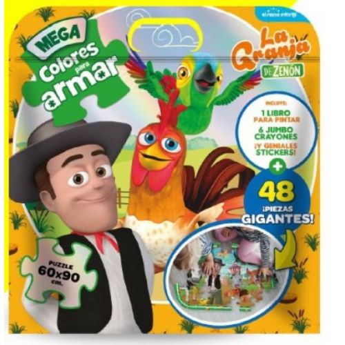 MEGA COLORES PARA ARMAR LA GRANJA DE ZENON LIBRO CRAYONES STICKERS Y PUZZLE 48 PIEZAS